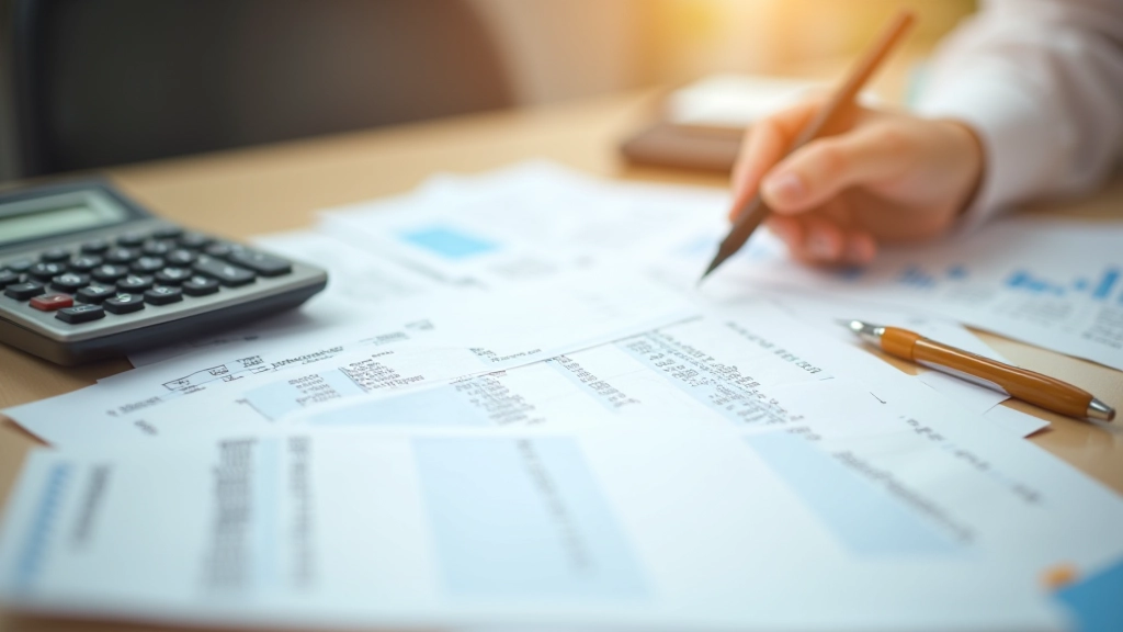 Bank statement printouts and calculator on desk, financial data review