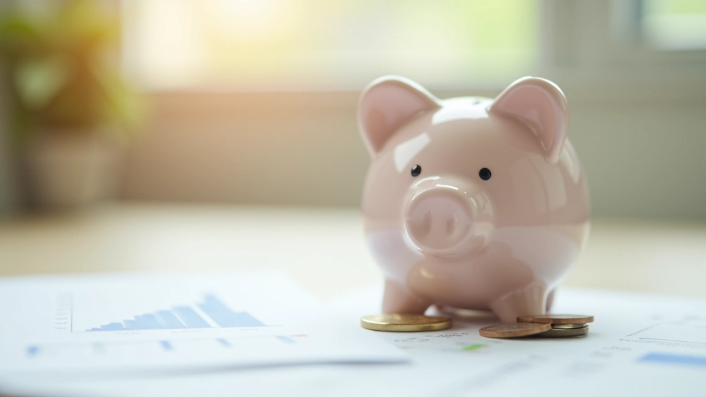 Piggy bank with coins and financial growth chart in background