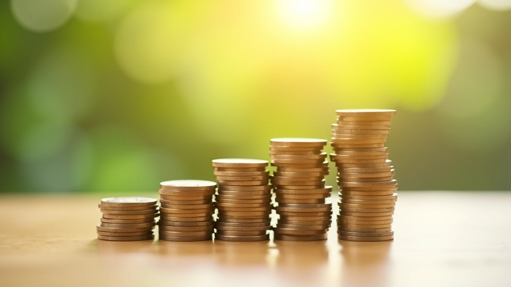 Stacked coins showing progressive growth and increasing savings over time