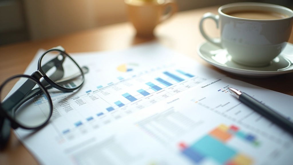 Financial charts and spreadsheet on office desk showing monthly tracking