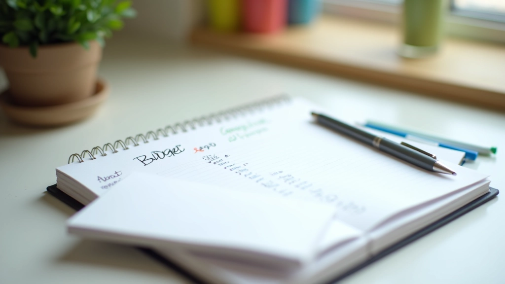 Notebook with budget categories written out, colored markers and highlighters