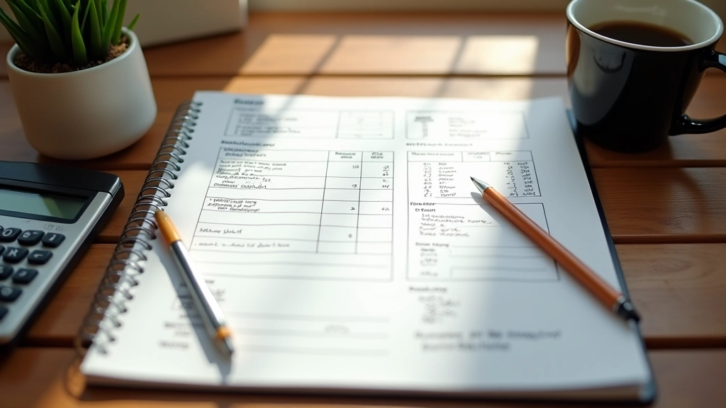 Budget planning notebook with pen and calculator on desk