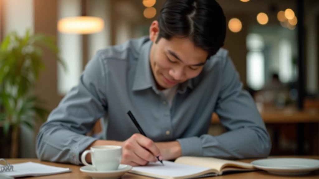 Person writing budget limits in notebook, planning workspace with cup of coffee