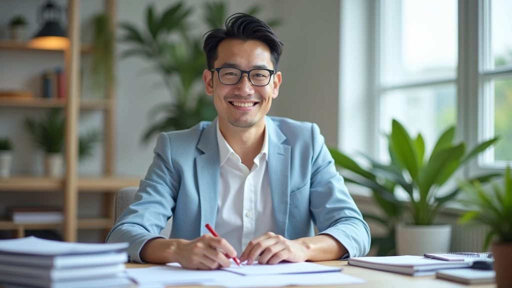 Person successfully managing finances with organized documents and positive outlook