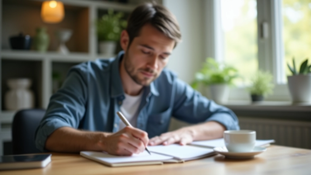 Person writing in budget journal with organized financial planning notes and monthly goals