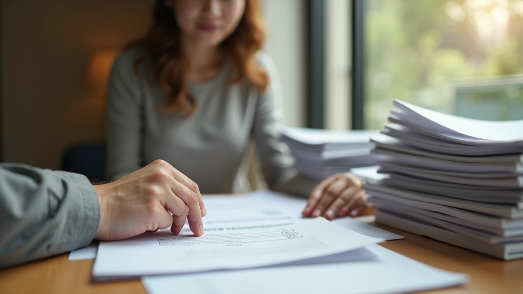 Person reviewing financial documents at desk with organized files