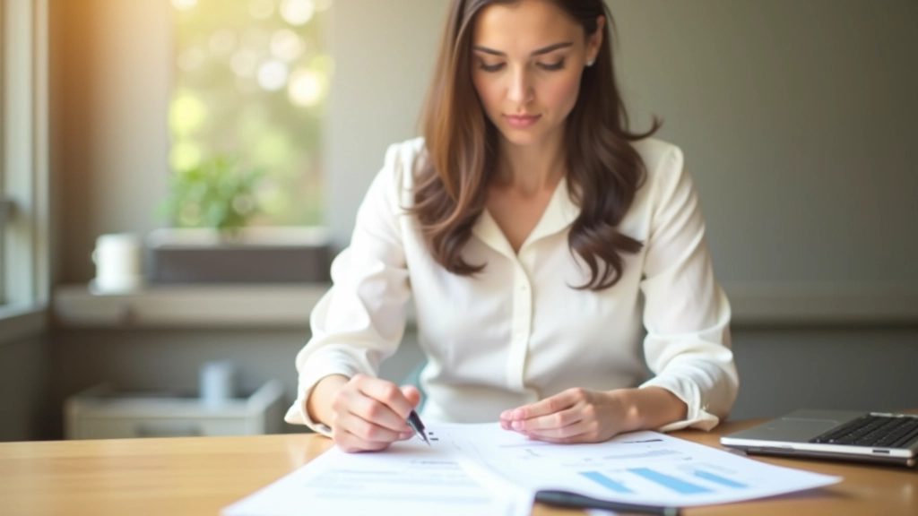 Woman at wooden desk reviewing financial documents and bank statements with notebook open